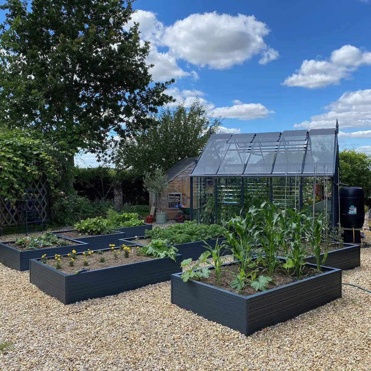 Group of Rhino aluminium raised beds planted with vegetables