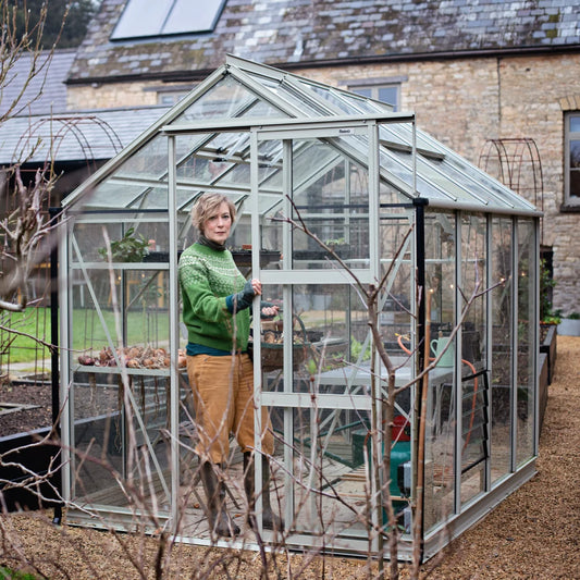 A Rhino Premium 6x8 greenhouse in Silver Sage